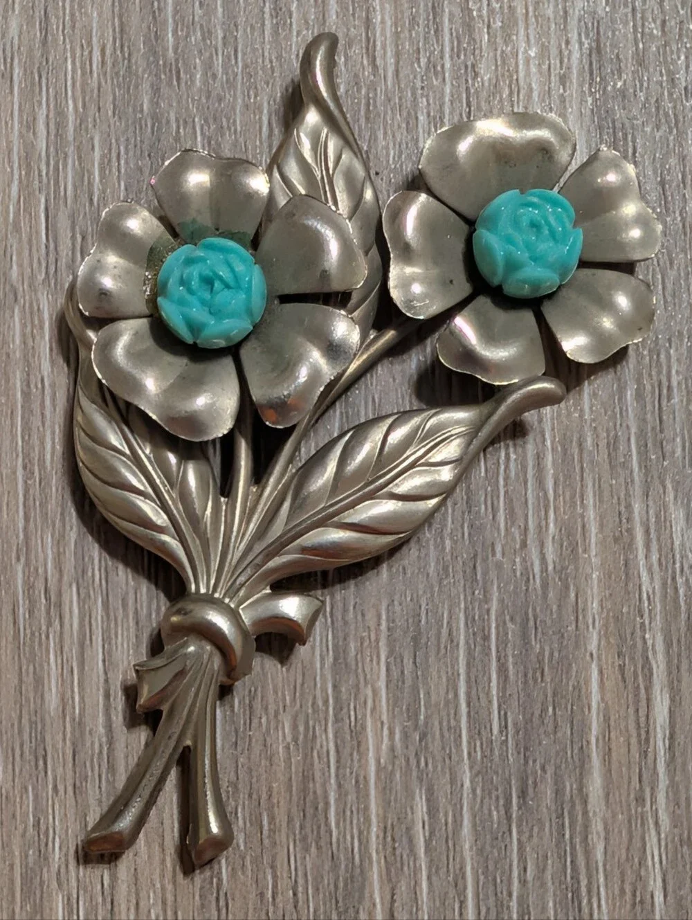Silver Tone Floral Brooch with Molded Turquoise Resin Roses